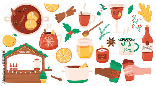Mulled wine vector collection for Christmas and winter holidays. Hot beverage with anise, clove spice, cinnamon and honey. 