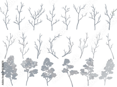 手描きのシルバーの木と枝のセット　ベクター素材
