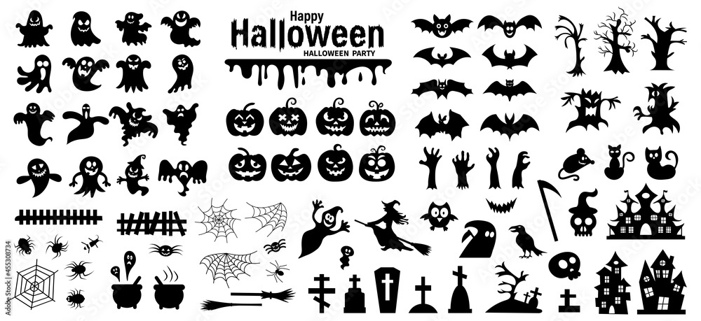 Naklejka premium Set of silhouettes of Halloween on a white background. Vector illustration