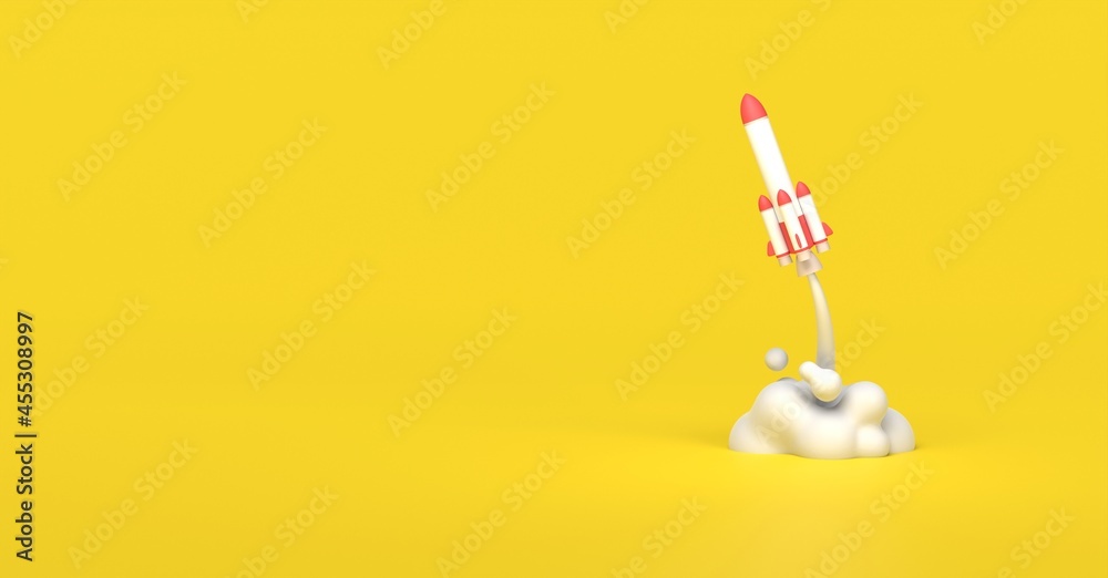 Rocket launch, Cartoon space ship on isolated background, Startup concept , 3D rendering. Rocket launch, Cartoon space ship on isolated background, Startup concept , 3D rendering.