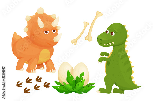 Set cute baby dinosaurs with dino egg  footprint  jurassic leaves and bones in cartoon style childish decoration isolated on white background. Ancient wild characters.