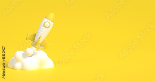 Rocket launch, Cartoon space ship on isolated background, Startup concept , 3D rendering.