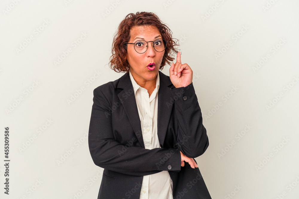 Middle age latin business woman isolated on white background having some great idea, concept of creativity. Middle age latin business woman isolated on white background having some great idea, concept of creativity.