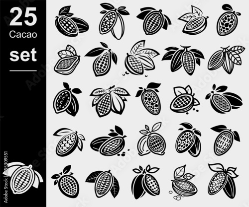 Cacao beans set. Collection cacao beans icons. Vector