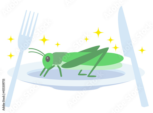 トノサマバッタが昆虫食としてお皿にのっているイラスト photo