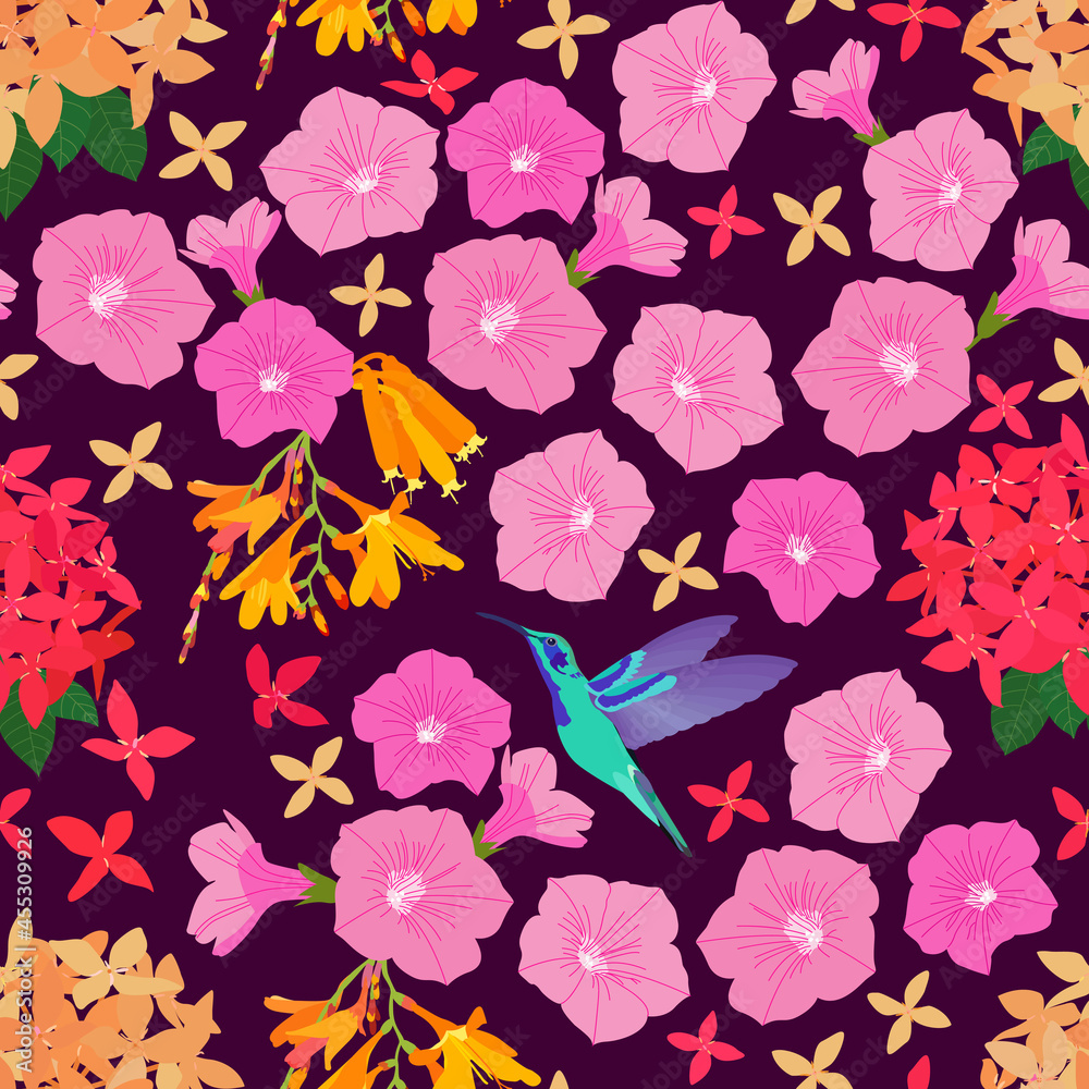 blue humming bird and floral seamless pattern. pink petunia, Asoka, tropical flowers in the garden in summer and spring season with purple violet background