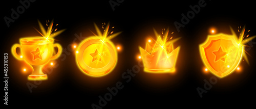 Golden winner trophy cup set, vector champion game icon, victory eSport award badge, reward medal. UI mobile app element kit, competition achievement honor goblet, crown, shield. Contest winner cup