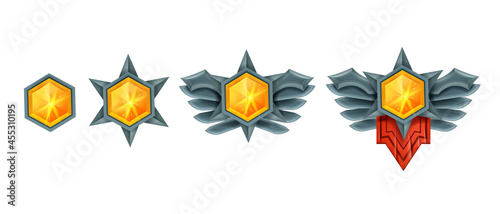 Victory game gem crystal set, level up diamond winner badge, UI treasure jewel achievement on white. Rating royal stone award kit, iron wings, yellow hexagon, user interface rank item. Game gem reward