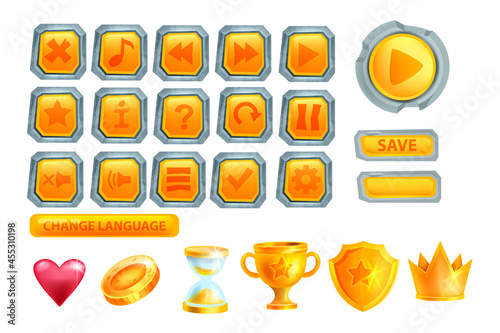 Game button vector set, UI play icon kit, user interface cartoon design element, 2D navigation template. Mobile app badge, golden crown, yellow shield, cup, coin, heart. Square game button assets