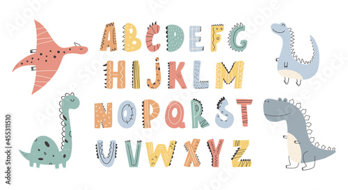 Cute Dinosaurs collection and alphabet in cartoon style. Colorful cute baby illustration is ideal for a children's room Vector illustration Design element
