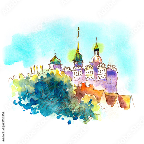 Watercolor sketch of Ducal Castle in Old Town in Szczecin, Pomerania, Poland