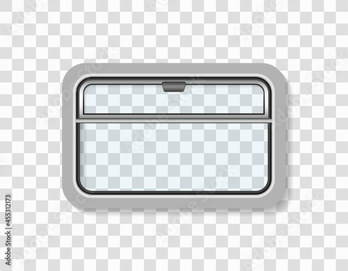 Train and subway window. Interior of inside metro. Window of wagon of train. Commuter and intercity railroad. Icon for transport, travel isolated on transparent background. Metal interior. Vector