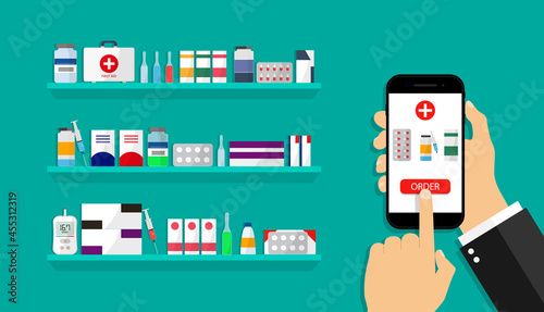 Online pharmacy in app. Delivery of medicine from medical shop. Hand holding mobile phone with order in drugstore. Application for health. Icon for pharmaceutical prescription in smartphone. Vector