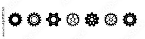 Gear icon. Cogwheel for industry. Gearwheel of engine. Circle wheel with cogs for machinery. Set of silhouette for technical, mechanism, clock and factory. Black icons of metal gearwheel. Vector
