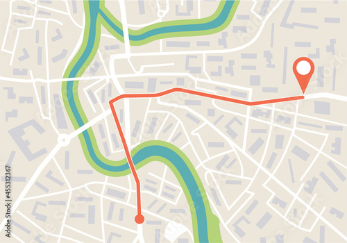 Map city with gps and geo route. Navigation for delivery. Path on street with location. App with map, road, town, park and river. Cartography of urban with tracking plan. Pin for journey. Vector