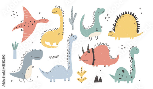 Cute Dinosaurs collection in cartoon style. Colorful cute baby illustration is ideal for a children's room Vector illustration Design element