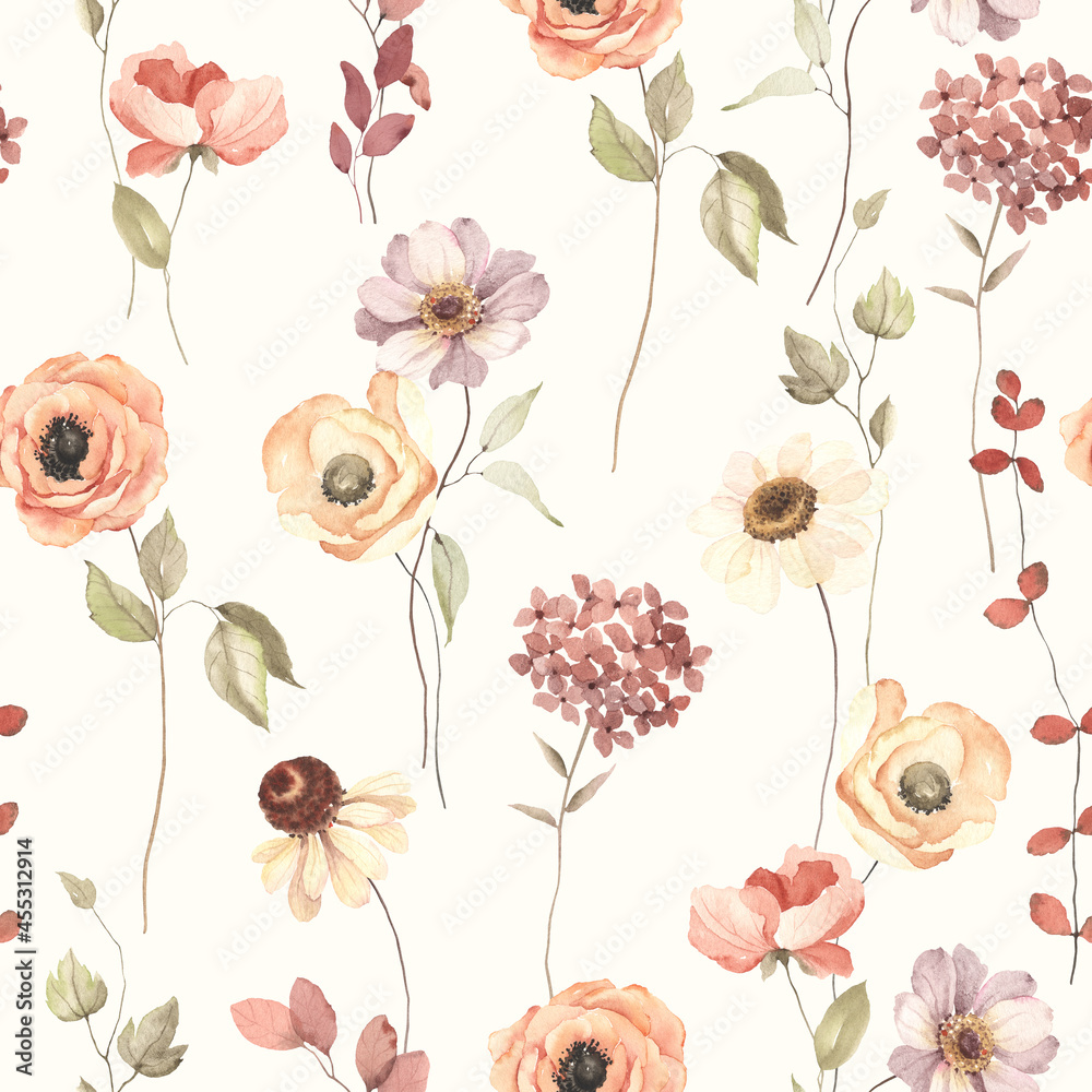 Foto auf Acrylglas mit Nahtloses Blumenmuster des Herbstes mit Blumen auf Stielen. Aquarelldruck auf elfenbeinfarbenem Hintergrund im Vintage-Stil und in Pastellfarben. #455312914