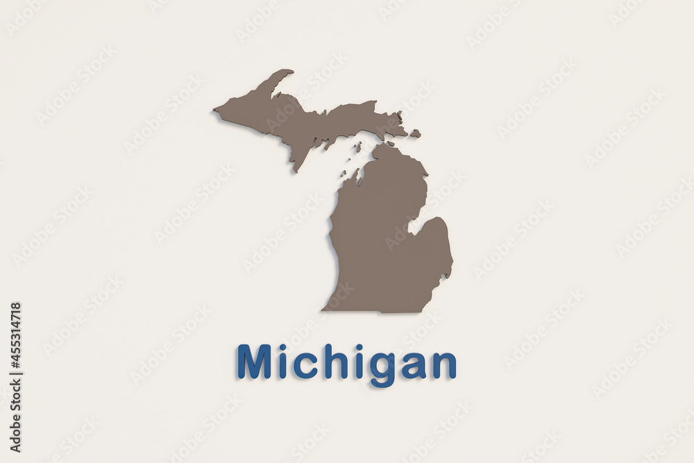 Map of Michigan in brown and the name of state Michigan in blue, beneath the map. US states graphic concept, 3d illustration. Map of Michigan in brown and the name of state Michigan in blue, beneath the map. US states graphic concept, 3d illustration.