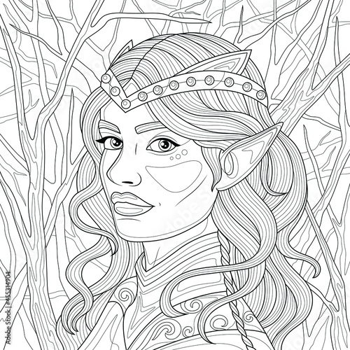 Elf girl in the forest.Coloring book antistress for children and adults. Illustration isolated on white background.Zen-tangle style. Hand draw