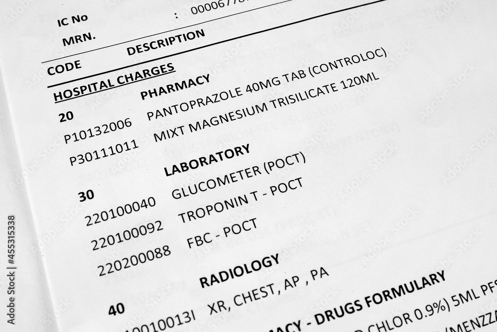 Stockfoto Hospital charges for medical services requiring payment