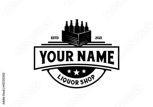 Bottle with a box. Vintage liquor bottle logo design template inspiration