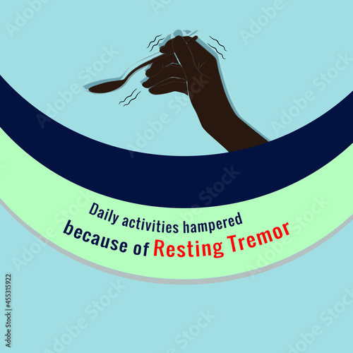 Resting tremor mainly occurs in patients with Parkinson's diseases related concept design stock illustration.  Trembling hands holding a spoon is referred to as a ''pill-rolling'' tremor of the hands 