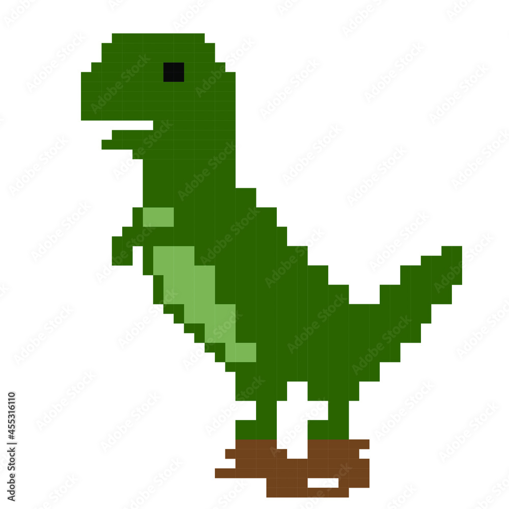 Fototapeta premium Pixel art background with dinosaur in natural landscape. Pixelated scene with caveman, green dragon, gold coin, against background of trees and clouds. Pixel-game 8 bit retro