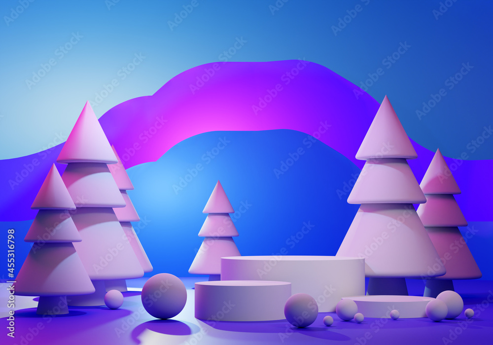 Christmas discounts. Three-dimensional Christmas trees and podiums for product. Christmas sale. Modern design for Christmas. Blue winter background with fir trees made of geometric shapes. 3d image