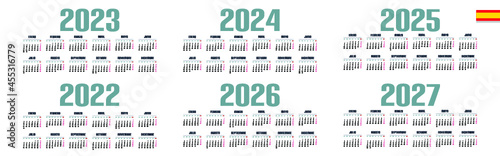Spanish calendar 2022, 2023, 2024, 2025, 2026, 2027 on white background, week starts on Monday