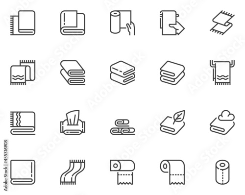 Set of Vector Line Icons Related to Towel. Paper Towel, Napkin, Wet Wipe. Editable Stroke. 48x48 Pixel Perfect.