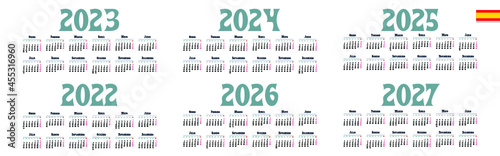 Spanish calendar 2022, 2023, 2024, 2025, 2026, 2027 on white background, week starts on Monday