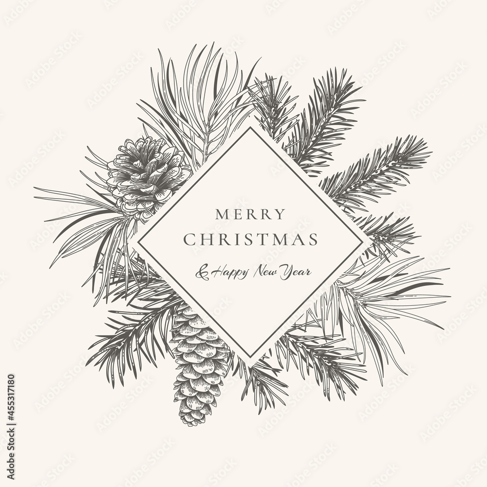 Сhristmas card with fir and pine branches and cones. Botanical illustration with conifers. Black and White background. Сhristmas card with fir and pine branches and cones. Botanical illustration with conifers. Black and White background.