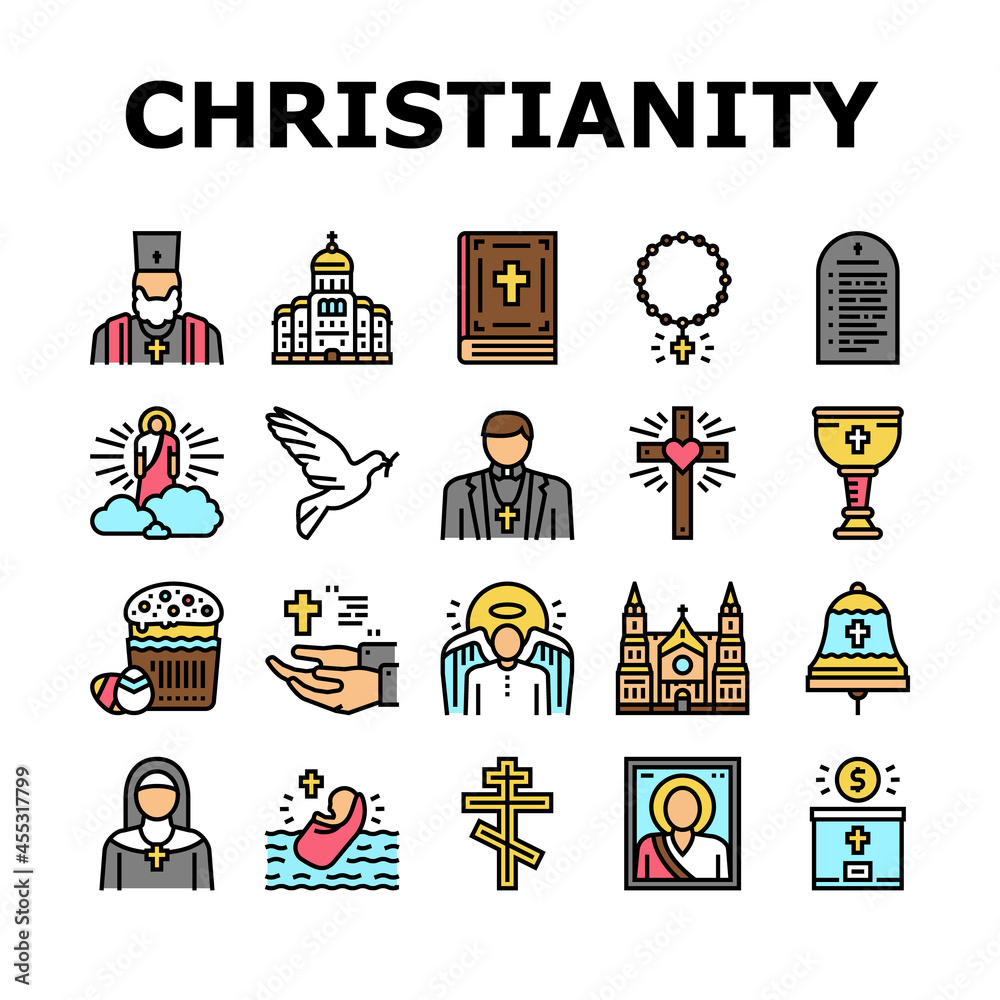 Fototapeta Christianity Religion Church Icons Set Vector. Christianity Cross And Crucifixion, Cathedral And Monastery Building, Bible And Priest, God And Angel, Prayer And Easter Line. Color Illustrations