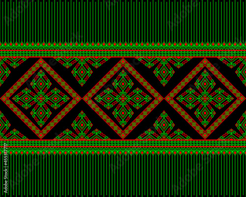 Green Red Native or Tribe Seamless Pattern on Black Background in Symmetry Rhombus Geometric Bohemian Style for Clothing or Apparel,Embroidery,Fabric,Package Design