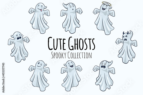 Cute Ghosts Illustrations Collection. Cartoon Style. Hand drawn halloween funny spooks set for stickers, prints, Invitations and greeting design. Premium Vector