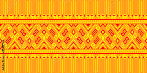 Yellow Red Tribe or Native Seamless Pattern on Yellow Background in Symmetry Rhombus Geometric Bohemian Style for Clothing or Apparel,Embroidery,Fabric,Package Design