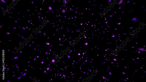 Dark background with glowing violet and pink particles. 3d rendering, bokeh effect