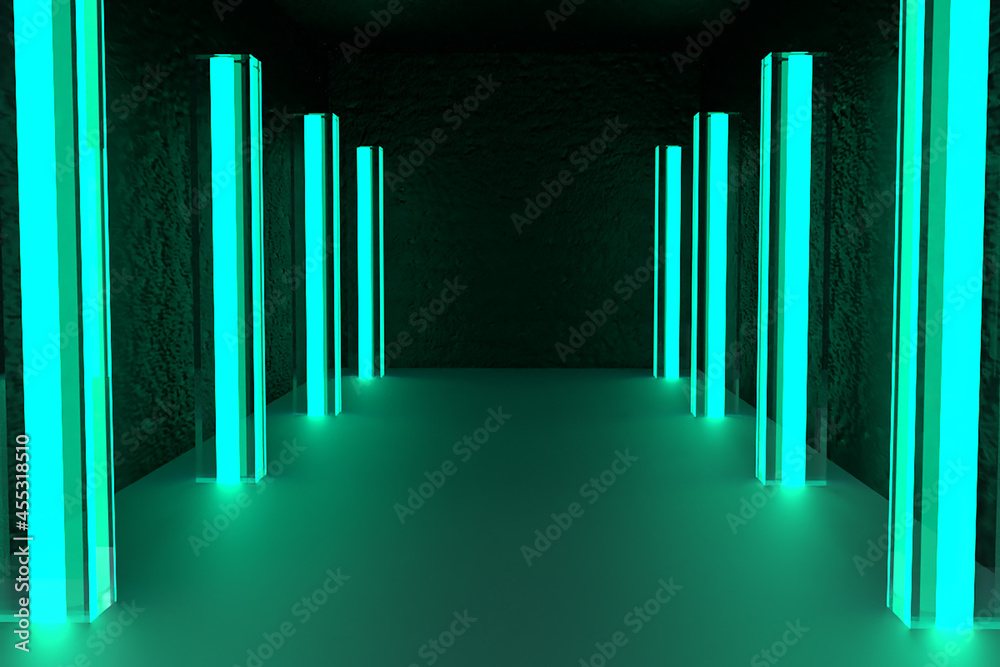 Neon Background with Green Neon pillar. 3d rendering illustration