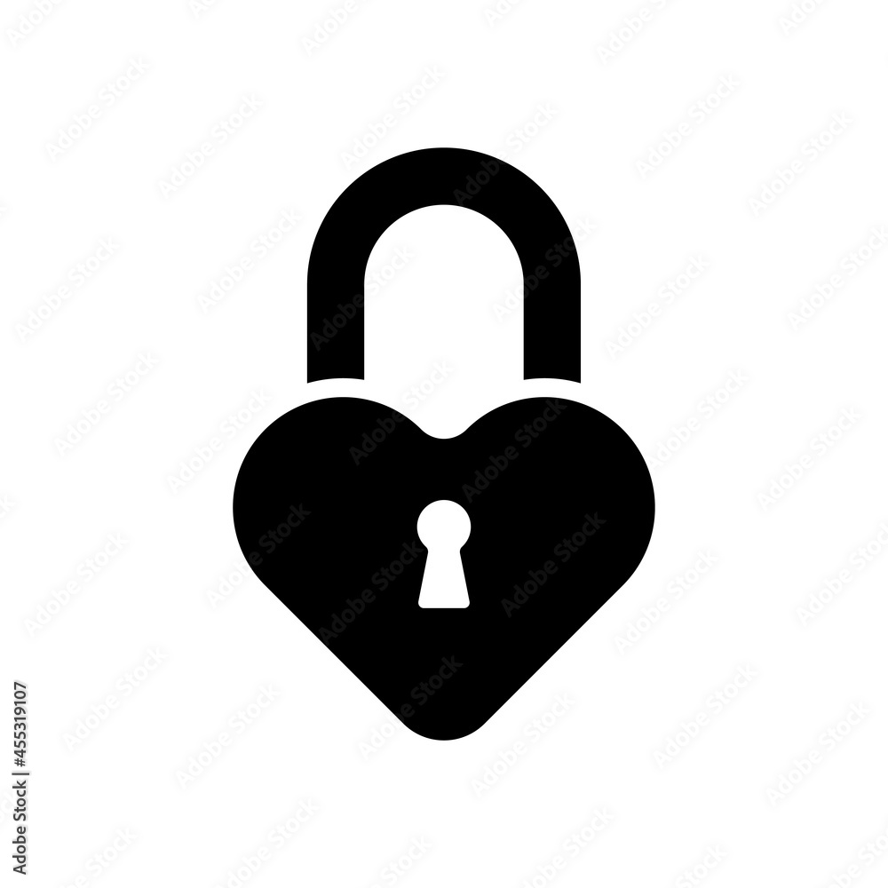 Lock icon. Heart. Black silhouette. Front view. Vector simple flat graphic illustration. The isolated object on a white background. Isolate. Lock icon. Heart. Black silhouette. Front view. Vector simple flat graphic illustration. The isolated object on a white background. Isolate.