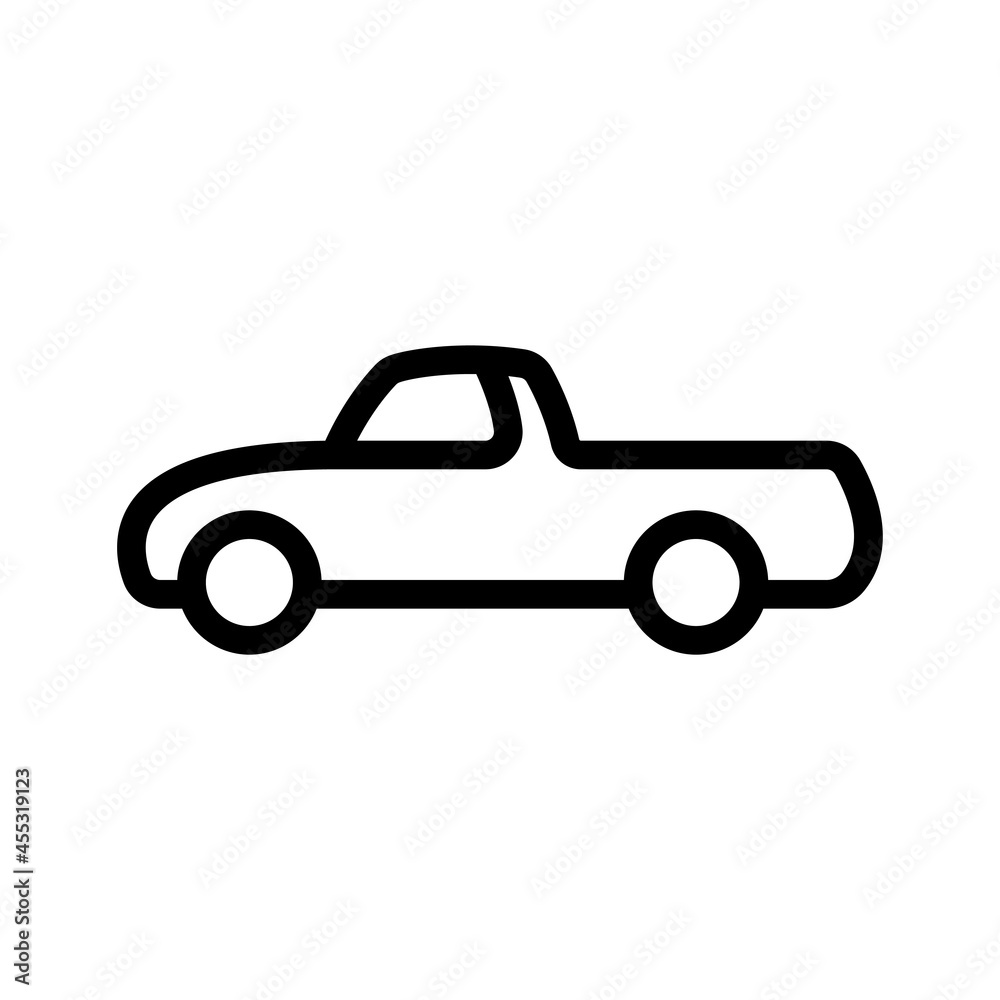 Pickup truck icon. Black contour linear silhouette. Side view. Vector simple flat graphic illustration. The isolated object on a white background. Isolate.