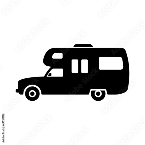Motorhome icon. Camper, caravan. Black silhouette. Side view. Vector simple flat graphic illustration. The isolated object on a white background. Isolate.