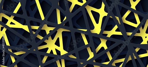 3d realistic backdrop with cut out yellow and black color stripes entangled web. Abstract background in paper cut style. Origami technological wallpaper in papercut art. Vector card illustration.