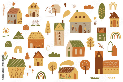 Fall city. Autumn city. Cute autumn house kit. Cottage houses isilated graphic elements. Childish houses. Cartoon village in fall season. Vector illustration. City landscape set rainbow tree, pumpkin.