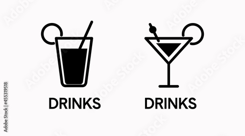 Drinks Sign Set. Vector isolated editable black and white illustration set of drinks