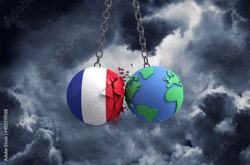 France flag ball smashing into planet earth. Global impact and disaster concept. 3D Render © ink drop
