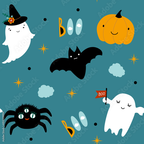 Vector seamless pattern for Halloween cute. Ghost, pumpkin, spider, boo on Halloween theme. Vector flat style illustration for happy Halloween