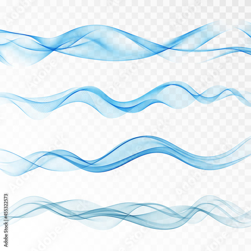 Set abstract blue smoke wave. Transparent smooth