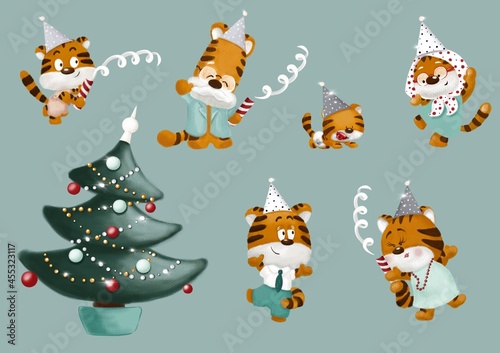 Elements of tiger family is dancing around Christmas tree in the party cone hat with firecrackers. Merry Christmas and Happy New year. Family holidays all together. Chinese tiger