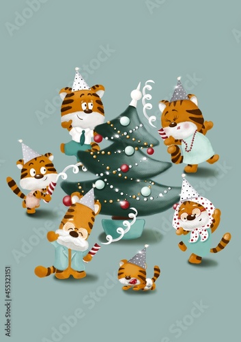 Tiger family is dancing around Christmas tree in hat with firecrackers. Merry Christmas and Happy New year. Family holidays all together. Chinese tiger