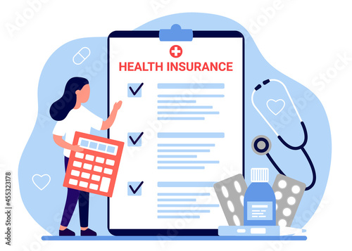 Health insurance, tax claim law document. Woman count form of healthcare with calculator. Vector illustration